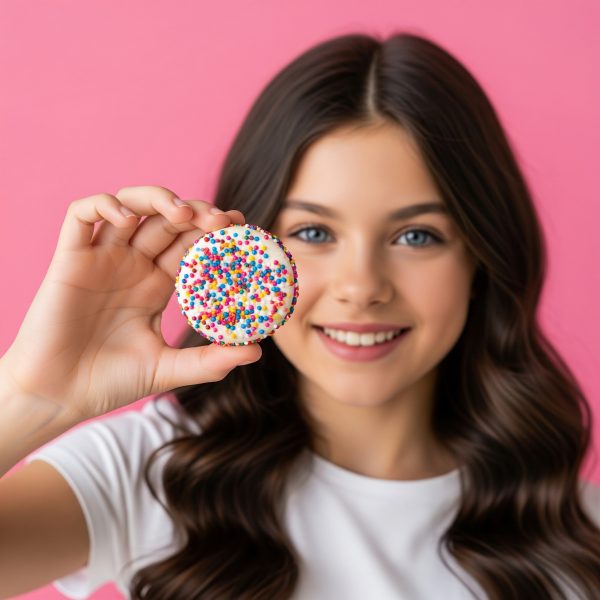 A smiling girl with long brown hair holds a box of Macarons Strawberry and Vanilla, 24 count, in front of her face, standing against a pink background.