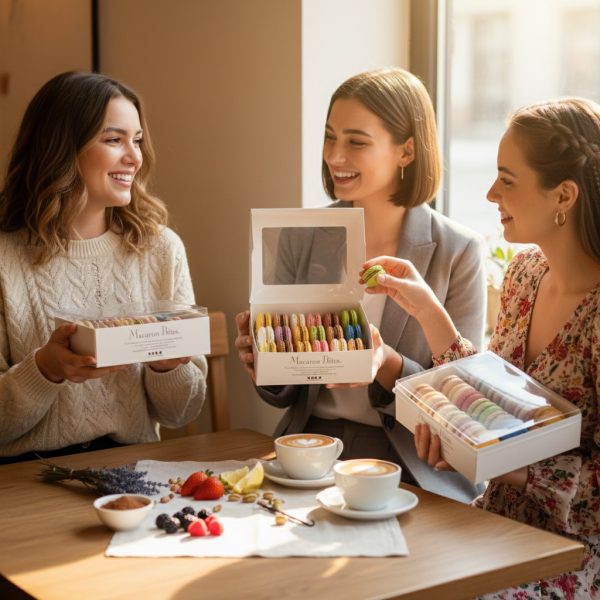 Three women sit at a café table, smiling and holding boxes of Macarons Strawberry and Vanilla, 24 count. Coffee cups, fruit, and lavender are on the table, with sunlight streaming through a nearby window.