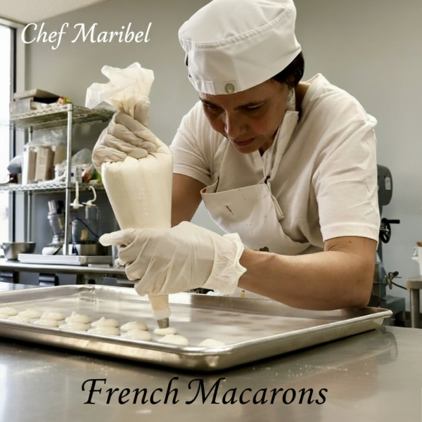 A chef in white pipes batter onto a tray in a kitchen. The words "Chef Maribel" and "Macarons Strawberry and Vanilla, 24 count" appear in the image.