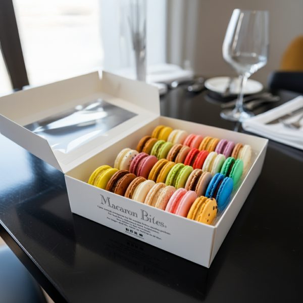 A box labeled "Macarons Strawberry and Vanilla, 24 count" sits on a black dining table set with glassware and utensils; colorful macarons are arranged in neat rows inside.