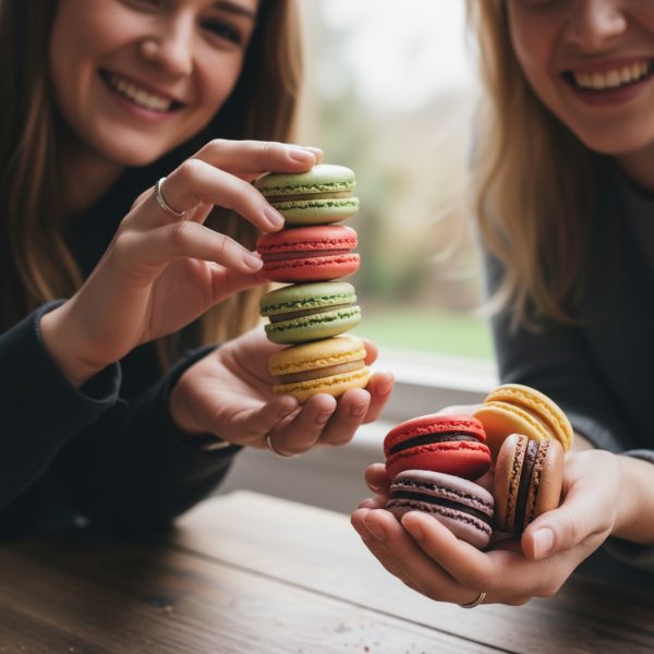 Two smiling women playfully stack and arrange Macarons Strawberry and Vanilla, 24 count, on a wooden table with a blurred outdoor background.
