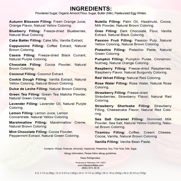 A menu listing the Macarons Strawberry and Vanilla, 24 count, with their ingredients, plus allergen and nutrition info at the bottom.